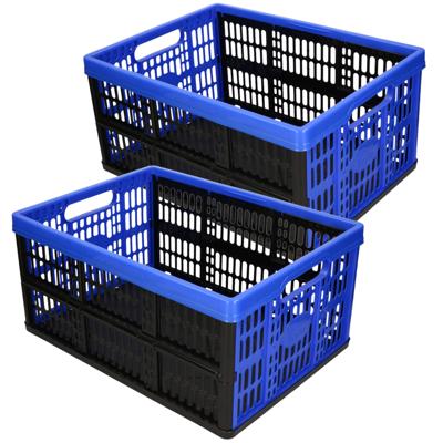 Plasticforte Boodschappenkrat - 2x stuks - 32L - 48 x 35 x 24 cm - vouwkrat - zwart/blauw