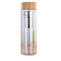 Glazen water thee flessen met infuus bamboe deksel dubbele muur korte draagbare buiten fles 450ML