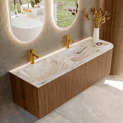 Mondiaz KURVE-DLUX 145 cm Onderkast Greeploos 1 Lade Met Deuren Walnut, Wastafel Solid Surface Links Glace 2 Kraangaten Zonder Spiegel (KRVLEA145R1L1D2KD-Wal/Gla)
