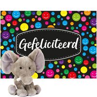 Keel Toys pluche olifant knuffel 14 cm met Gefeliciteerd A5 wenskaart