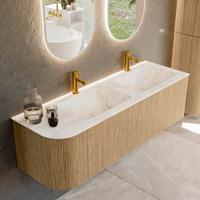 Mondiaz KURVE-DLUX 145 cm Onderkast Greeploos 1 Lade Met Deuren Oak, Wastafel Solid Surface Rechts Frappe 2 Kraangaten Zonder Spiegel (KRVLEA145L1L1D2KD-Oak/Fra)