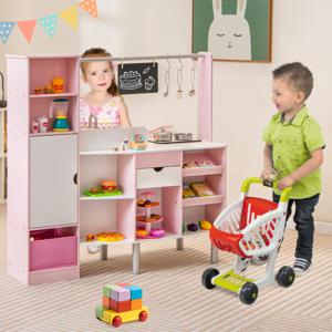 2-In-1 Kinderkeuken en Winkelwinkel Speelkeuken met Licht en Geluid Ijsmaker & Bord Incl. 82 Accessoires Speelkookset voor Kinderen 3+