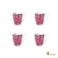 Pip Studio Koffiekoppen - Flower Festival Donker Roze - 450ml - 4 St. - thumbnail