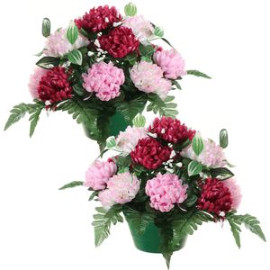 Kunstbloemen plantje crysanten in pot - 2x - cerise/roze - D30 x H24 cm - Bloemstuk - Bladgroen