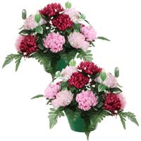 Kunstbloemen plantje crysanten in pot - 2x - cerise/roze - D30 x H24 cm - Bloemstuk - Bladgroen - thumbnail