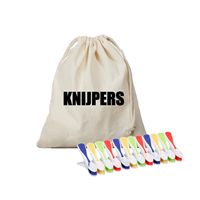 Canvas knijperzak/ opbergzakje knijpers wit/ offwhite met koord 25 x 30 cm en 48 plastic wasknijpers