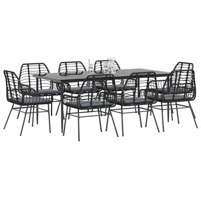9-delige Tuinset met kussens poly rattan glas zwart