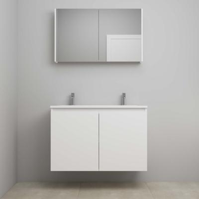 On-Line Badkamermeubelset - 100 cm - Bouwpakket - Greeploos 2 Deuren - Acryl Wastafel - 2 Kraangaten - Spiegelkast - Mat Wit