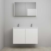 On-Line Badkamermeubelset - 100 cm - Bouwpakket - Greeploos 2 Deuren - Acryl Wastafel - 2 Kraangaten - Spiegelkast - Mat Wit