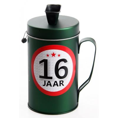 Spaarpot - 16 jaar geworden thema - verjaardag cadeau - Blik met sticker van 9 cm