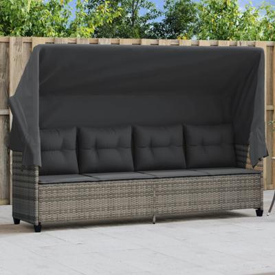 Ligbed met luifel en kussens poly rattan grijs