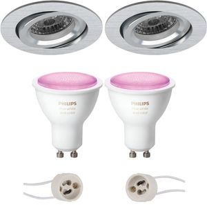 Pragmi Aerony Pro - Inbouw Rond - Mat Zilver - Kantelbaar - Ø82mm - Philips Hue - LED Spot Set GU10 - White and Color Ambiance - Bluetooth
