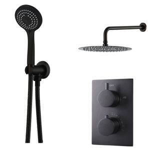 Regendouche set SaniClear Nero | Inbouw | Thermostaatkraan | 2-weg | Rond | Zwart mat