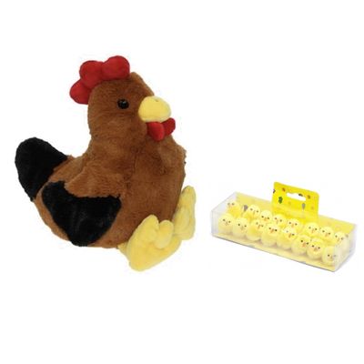 Pluche bruine kippen/hanen knuffel van 25 cm met 16x stuks mini kuikentjes 3,5 cm