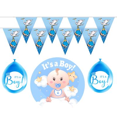 Geboorte baby jongen thema versiering - 19 artikelen - blauw - binnen - slingers - ballonnen - bord