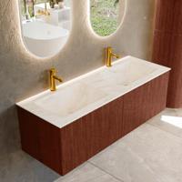 Badmeubel Mondiaz Kurve-Dlux | 130 cm cm | Meubelkleur Ruby | Wastafelkleur Ostra | Solid surface | Wasbak beiden zijden spoelbak | 2 kraangaten