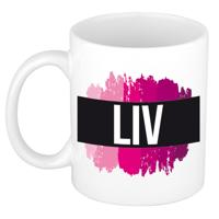 Liv naam cadeau koffie mok - beker - met roze verfstrepen - Cadeau collega - moederdag