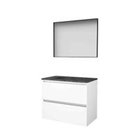 Basic-Line Framed 46 Badkamermeubelset - 80 x 46 cm - Greeploos - 2 Lades - Hardstenen Wastafel - 1 Kraangat - Spiegel met Zwart Aluminium Frame - Ice White