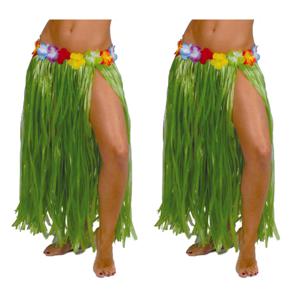 Hawaii verkleed rokje - 2x - voor volwassenen - groen - 75 cm - rieten hoela rokje - tropisch