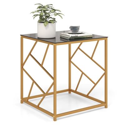 Moderne Vierkante Bijzettafel met Gehard Glazen Blad en Verguld Geometrisch Frame Chique Nachtkastje Zwart en Goud