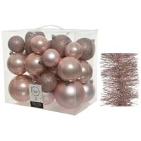 Kerstversiering kunststof kerstballen 6-8-10 cm met folieslingers pakket lichtroze van 28x stuks - Kerstbal