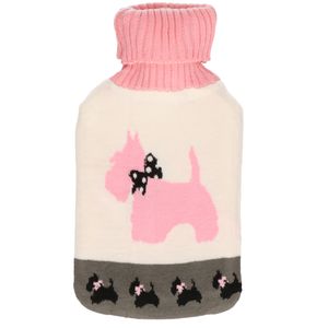 Warmwater kruik met wit/roze honden hoes 2 liter