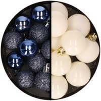 36x stuks kunststof kerstballen donkerblauw en wol wit 3 en 4 cm - thumbnail