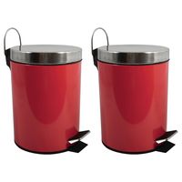 Prullenbak/pedaalemmer - 2x - metaal - rood - 3 liter - 17 x 25 cm - Badkamer/toilet