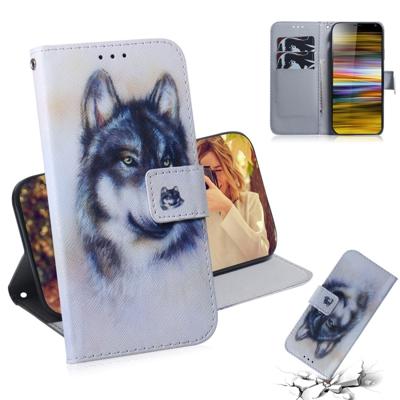 Witte Wolf patroon gekleurde tekening horizontale Flip lederen draagtas voor Sony Xperia 10 plus met houder & kaartsleuven & portemonnee