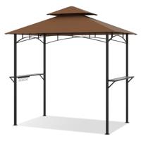 240 x 151 cm Barbecuepaviljoen Barbecueoverkapping met Dubbel Dak 2 Opbergvakken 7 Haken Metalen Frame en Stoffen Dak Weerbestendige Barbecueoverkapping-Bruin