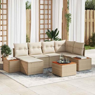 7-delige tuinset met kussens in beige poly rattan en acacia