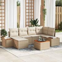 7-delige tuinset met kussens in beige poly rattan en acacia