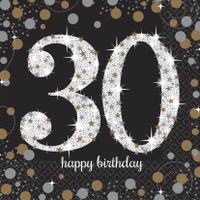 16x stuks 30 jaar verjaardag feest servetten zwart met confetti print 33 x 33 cm   -