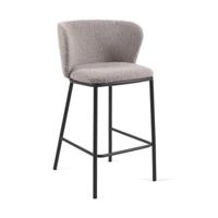 Kave Home Ciselia barkruk H65 bouclé Lichtgrijs poot zwart