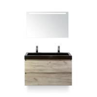 Maxx XL Badmeubelset 100 cm - Craft Oak - Wastafel Lucca 2 kraangaten - met LED Spiegel