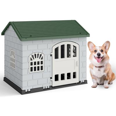 Hondenhok Kunststof Weerbestendig Hondenhuis met Afsluitbare Deur 3 Ramen en Schuin Dak voor Kleine Honden en Katten Groen