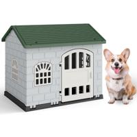 Hondenhok Kunststof Weerbestendig Hondenhuis met Afsluitbare Deur 3 Ramen en Schuin Dak voor Kleine Honden en Katten Groen