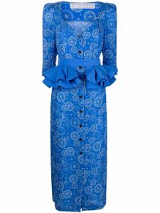 Ulyana Sergeenko robe mi-longue volantée à logo imprimé - Bleu