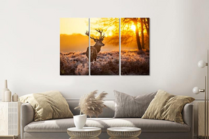 Karo-art Schilderij -  Hert in de ochtend, 120x80cm, 3 luik, premium print