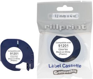 Rillprint compatible LetraTAG tape voor Dymo 91201, 12 mm, plastic, wit