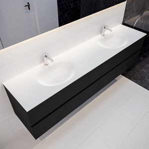 Mondiaz Vica Moon badmeubel zwart mat 200 cm 4 lades solid surface dubbele spoelbak 2 kraangaten