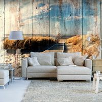 Zelfklevend fotobehang -   Uitzicht op Strand op Hout , Premium Print