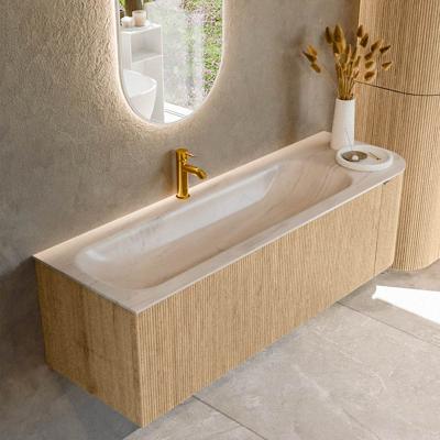 Badmeubel Mondiaz Kurve-Dlux | 145 cm | Meubelkleur Oak | Wastafelkleur Meli | Solid surface | Wasbak linker zijde spoelbak | 1 kraangat