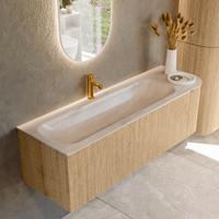 Badmeubel Mondiaz Kurve-Dlux | 145 cm | Meubelkleur Oak | Wastafelkleur Meli | Solid surface | Wasbak linker zijde spoelbak | 1 kraangat Badmeubel Mondiaz Kurve-Dlux | 145 cm | Meubelkleur Oak | Wastafelkleur Meli | Solid surface | Wasbak linker zijde spoelbak | 1 kraangat