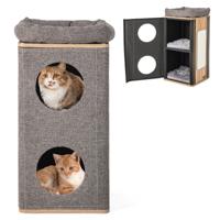 Kattenmand Kattenhuis met Krabplank en 3 Matten Speelton voor Katten tot 20 kg Kattenkrabpaal met Holletjes Grijs + Natuur