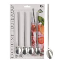 Excellent Houseware rvs rietjes met lepel 4 stuks + schoonmaakborstel