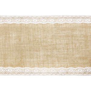 Pakket van 4x stuks bruiloft/huwelijk jute tafellopers 28 x 275 cm met wit kant