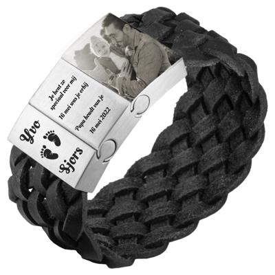 Foto-armband gevlochten leer - zwart of bruin | 3 schakels (Kleur: Zwart gevlochten)