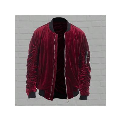 Men's Black Velour Bomber Jacket - Ruched Sleeve Streetwear Burgundy / XL