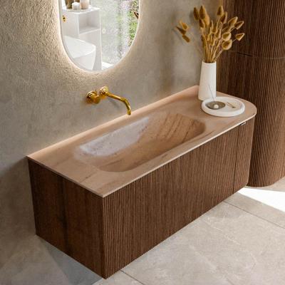 Badmeubel Mondiaz Kurve-Dlux | 115 cm | Meubelkleur Walnut | Wastafelkleur Saba | Solid surface | Wasbak linker zijde spoelbak | Zonder kraangat(en)